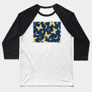 Gold Stamped Butterflies and Sunbursts on Blue Baseball T-Shirt